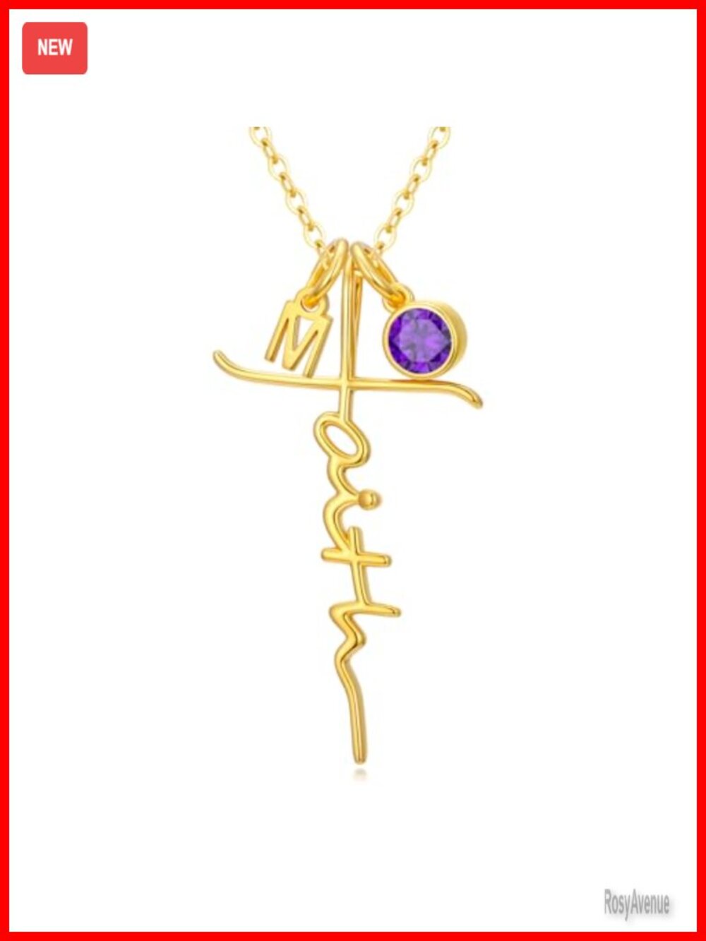 18K Gold Plated Faith Cross Necklace Initial M February Birthstone